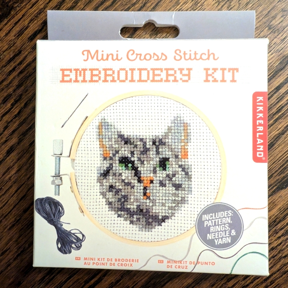 Gray Tabby Kitten Cat Kikkerland Embroidery Kit Mini Cross Stitch